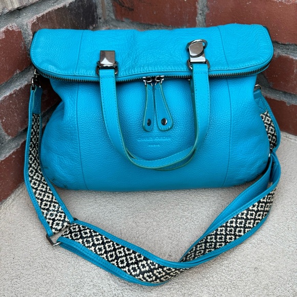 Charles Jourdan Leather Convertible Bag w/trendy guitar style strap in Aqua Blue - Picture 2 of 14